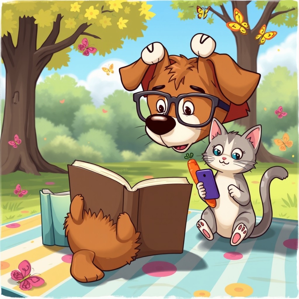 A whimsical and humorous cartoon scene featuring a dog wearing glasses, attempting to read a giant book upside down
