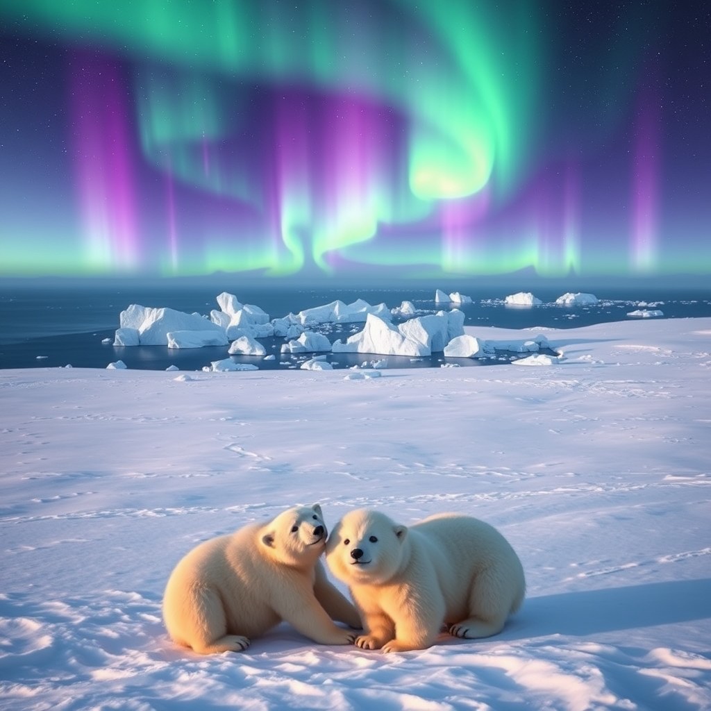 A stunning polar landscape featuring vast snow-covered fields, majestic icebergs floating in a serene blue ocean, and a spectacular aurora borealis illuminating the night sky with vibrant greens and purples