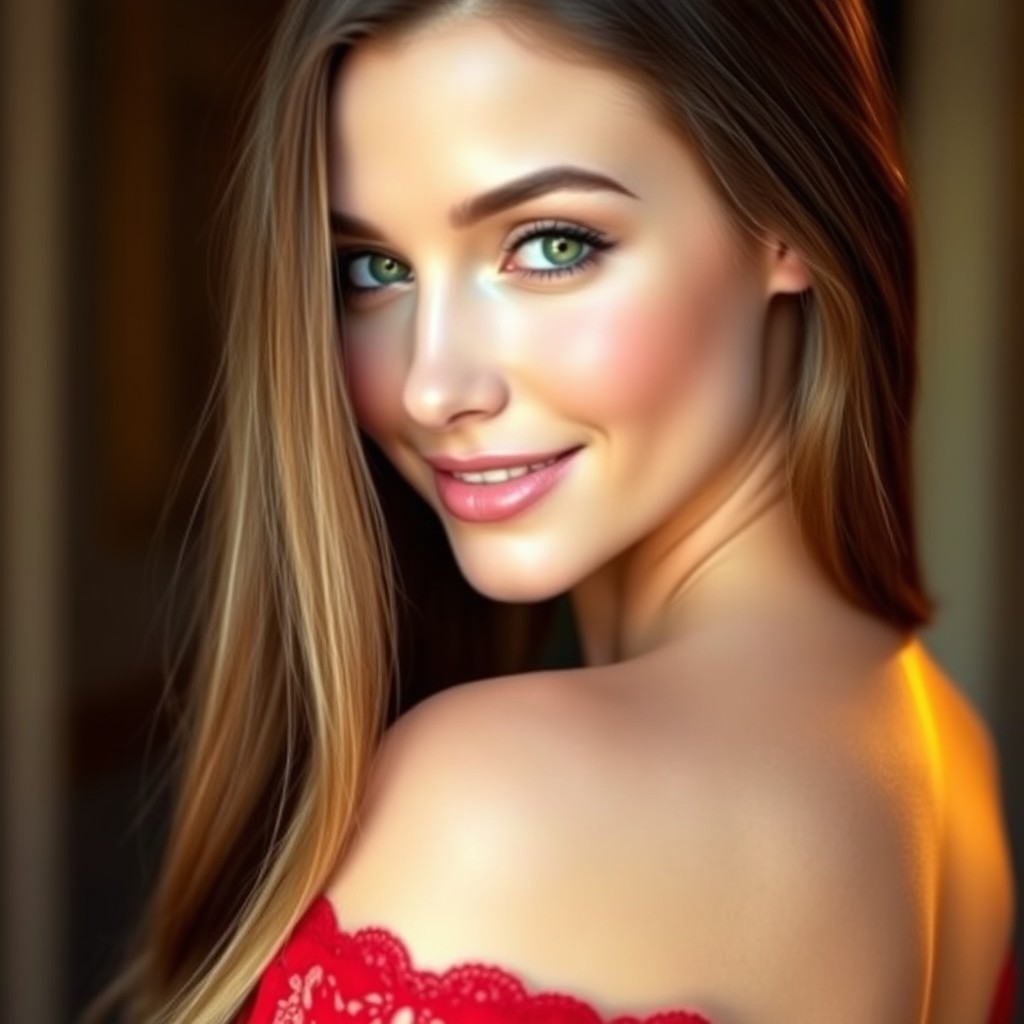 An elegant portrait of a beautiful woman, smiling gently, with captivating green eyes and long flowing brown hair that cascades over her shoulders