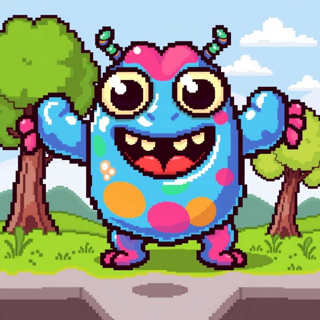 A colorful and imaginative pixel art depiction of a whimsical plastic monster