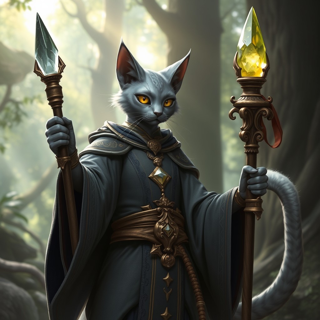 A solid grey catfolk cleric, depicted with feline features such as pointed ears, whiskers, and a long tail
