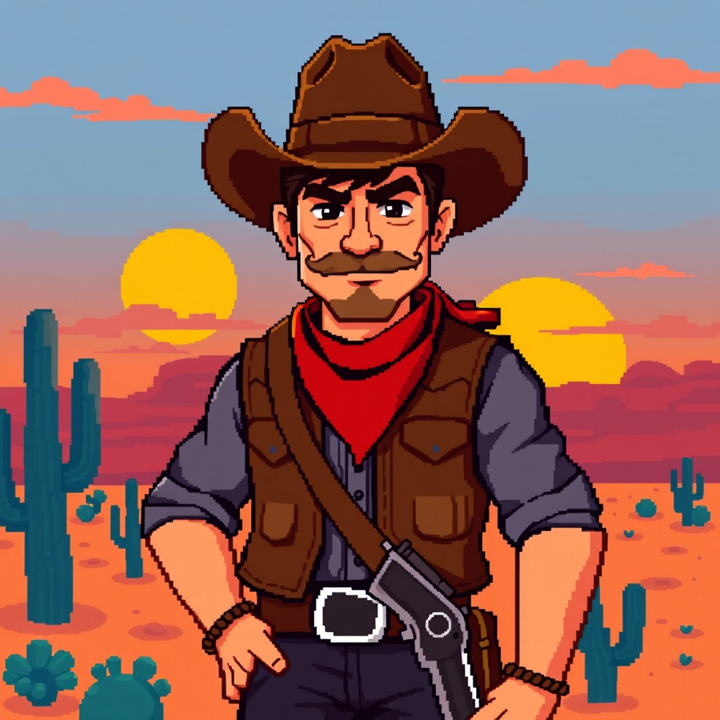 A pixel art style depiction of a rugged western cowboy standing confidently with a slight smirk