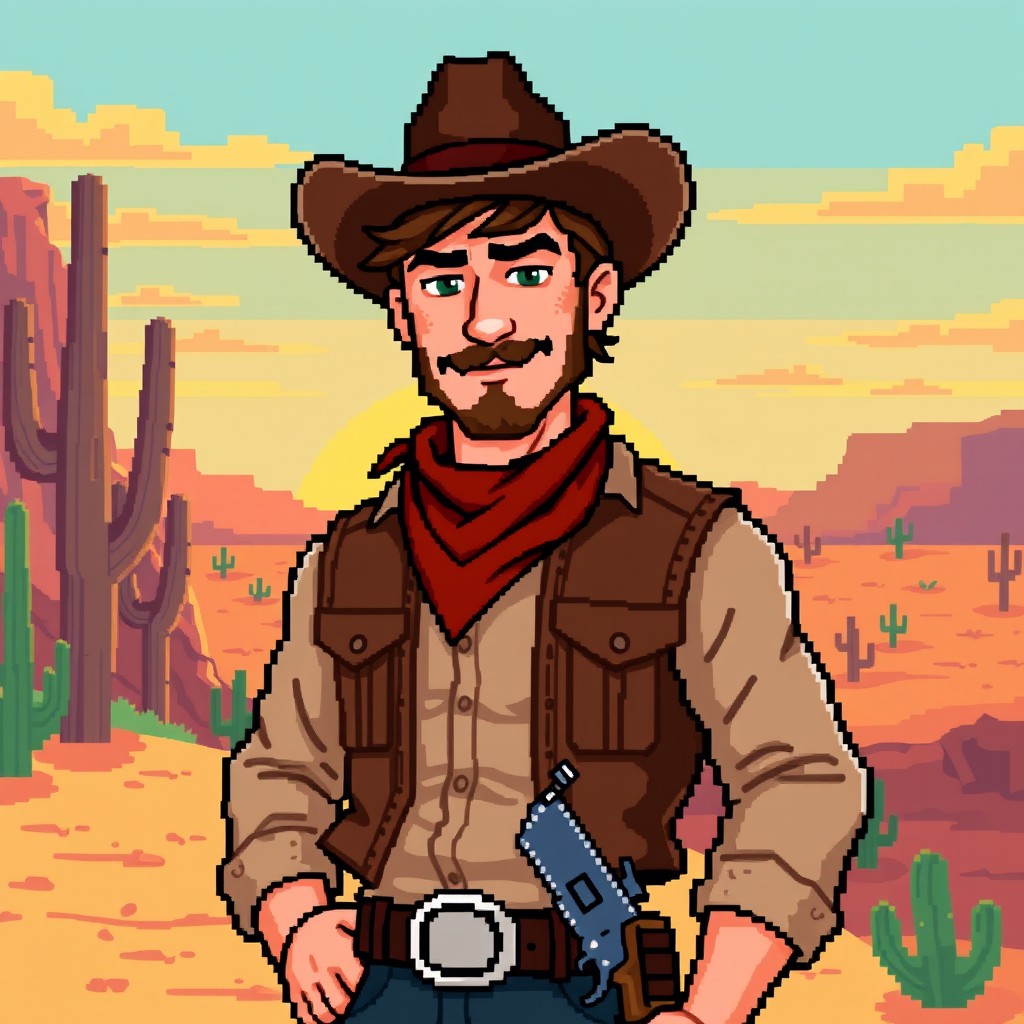 A pixel art style depiction of a rugged western cowboy standing confidently, featuring short hair and no beard
