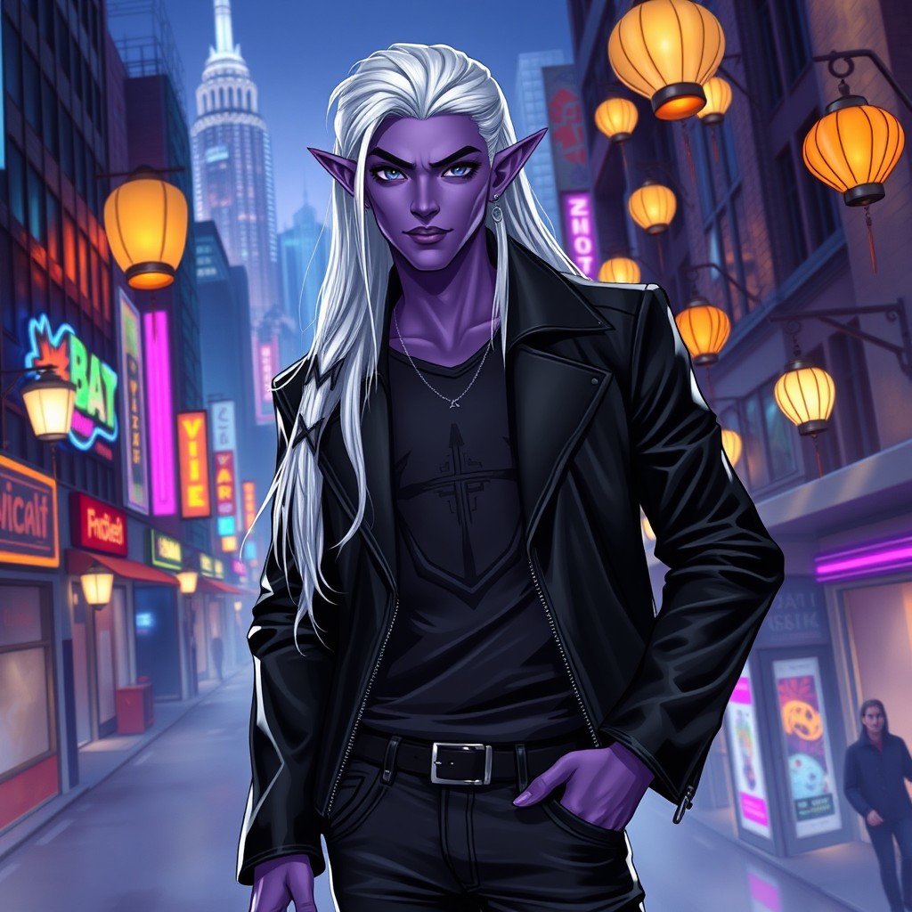 A handsome Drow elf male with long white hair and striking violet skin standing confidently in a modern urban fantasy setting
