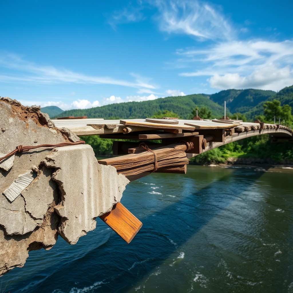 A broken bridge spanning a river, showcasing intricate details of its damaged structure