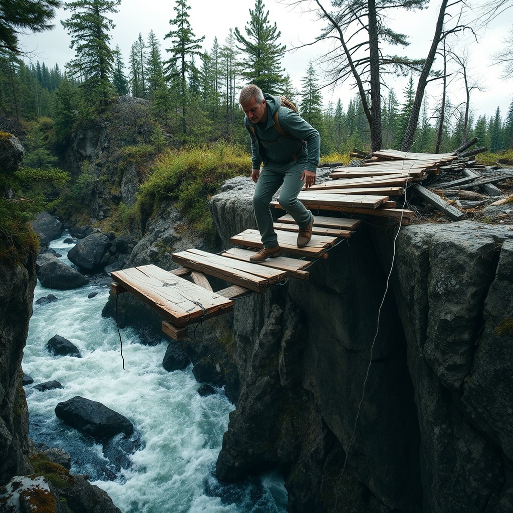 A dramatic scene depicting a person cautiously trying to cross a broken bridge over a deep chasm