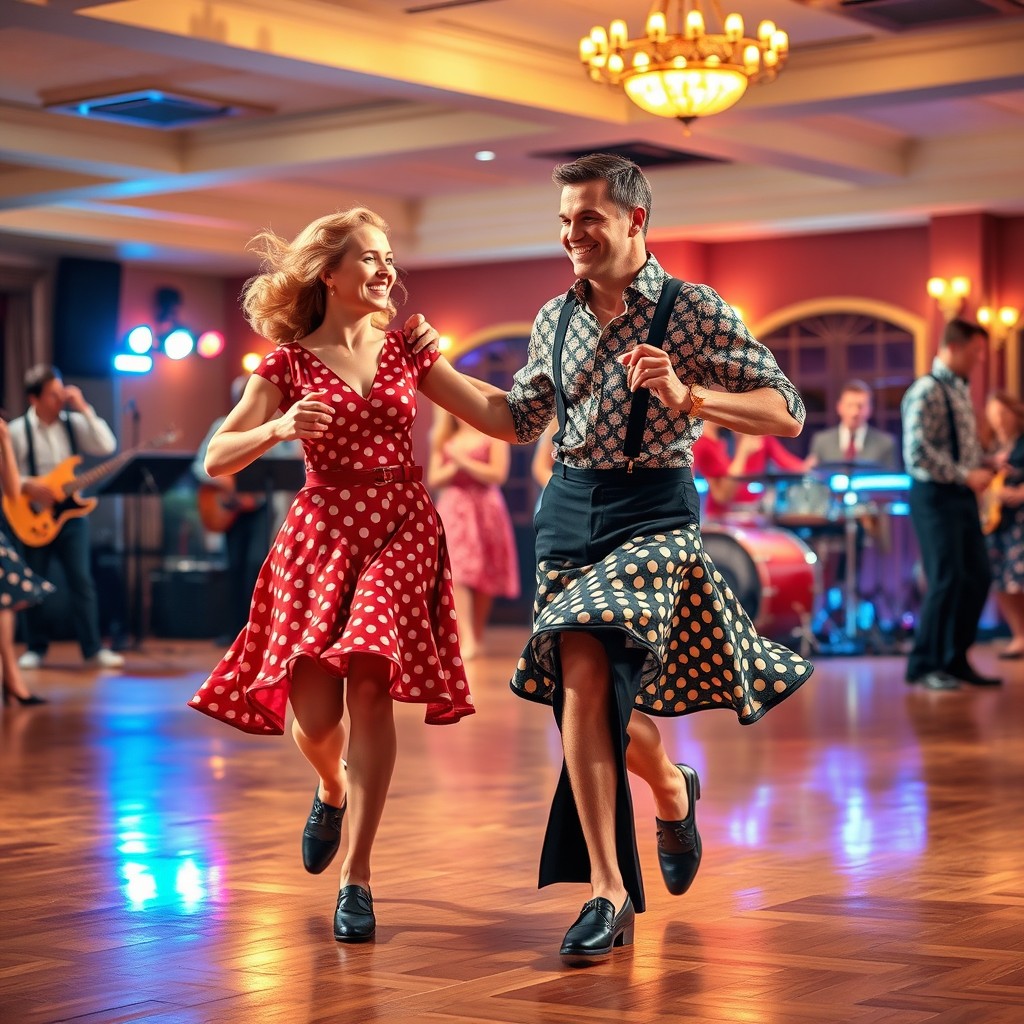 A vibrant scene of a man and woman dancing in a lively swing dance style
