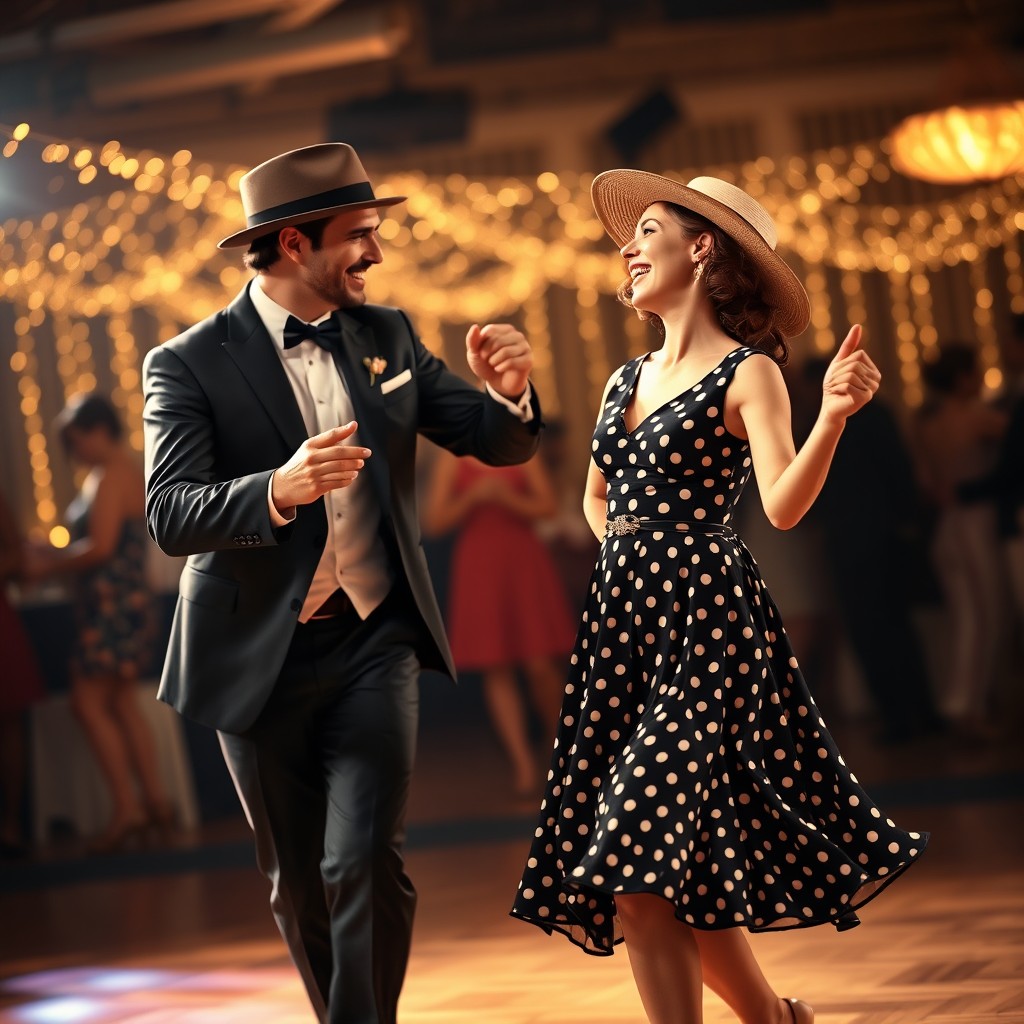 A lovely couple dancing joyfully in swing style, showcasing an elegant and vintage atmosphere