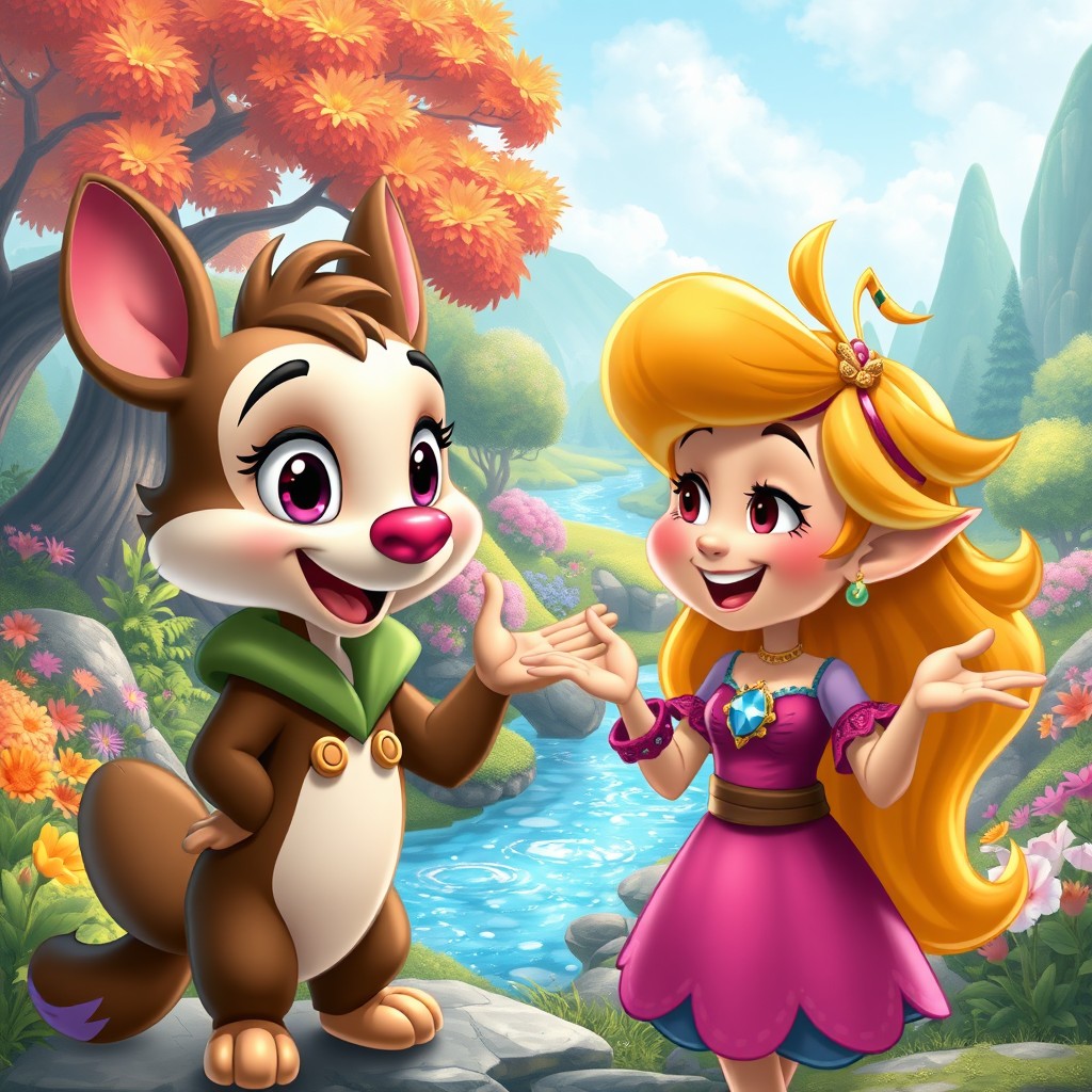 Two Disney-style characters, one a cheerful, animated animal with large expressive eyes and fun colors, wearing a cute outfit, and the other a whimsical human character with bright hair and a magical theme, engaged in a friendly, light-hearted dialogue