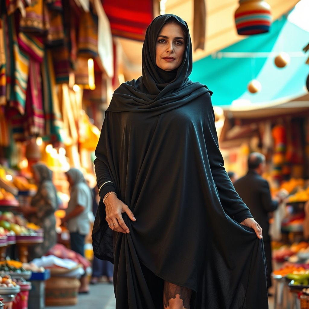 A mature, veiled Egyptian woman elegantly dressed in a flowing black abaya, lifting the hem with one hand to reveal her bare legs