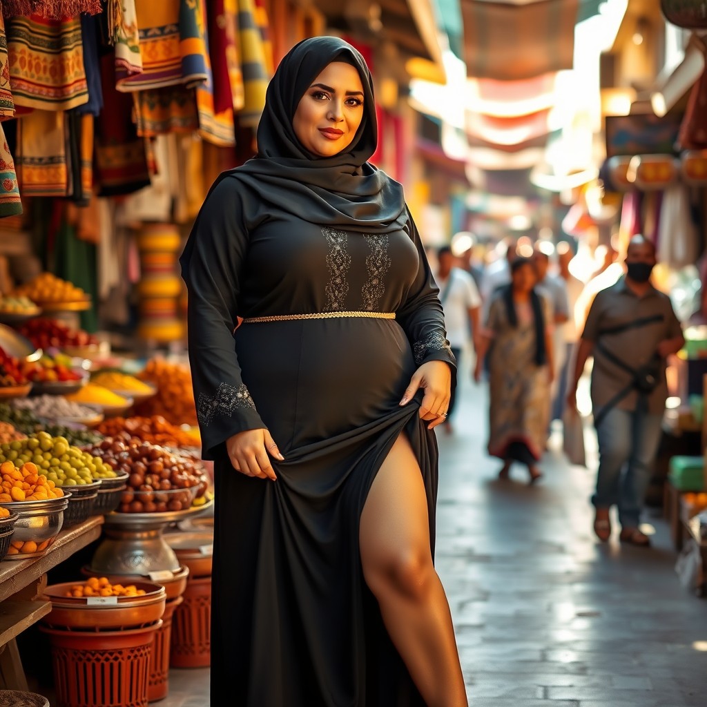 A curvy, mature Egyptian woman wearing a stylish hijab and an elegant black abaya, gracefully lifting the hem with one hand to reveal her bare legs adorned with high heels