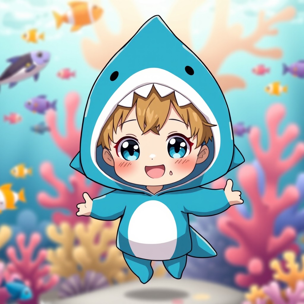 A cute anime boy wearing a playful shark costume, complete with a fin on top and a big toothy grin