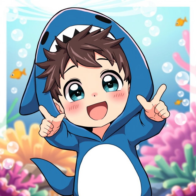 An adorable anime boy happily dressed in a shark costume, featuring a vibrant blue body with a white underbelly and a prominent shark fin on top