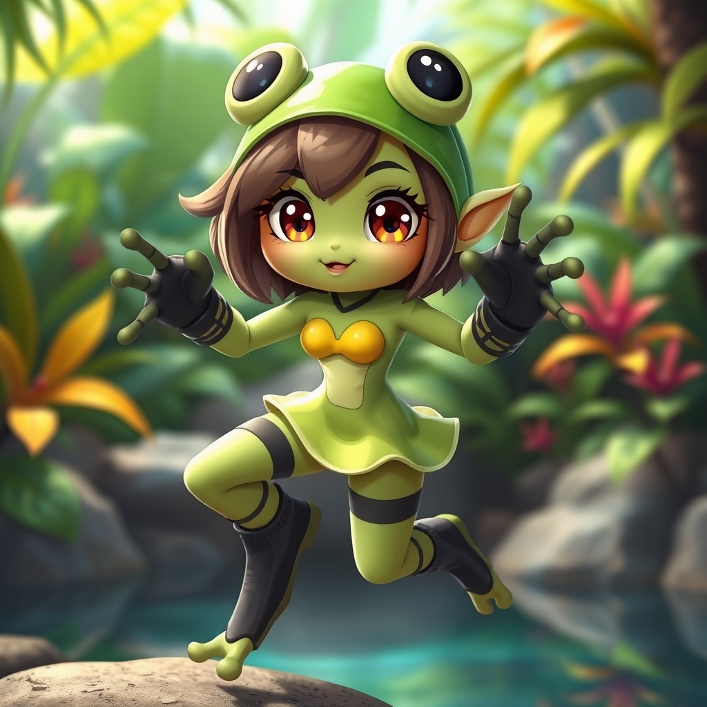 A cute female character inspired by the concept of a frog, with smooth green skin and large, expressive eyes