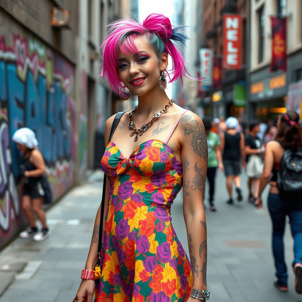 A stylish individual dressed in colorful and flamboyant attire, standing confidently in an urban environment