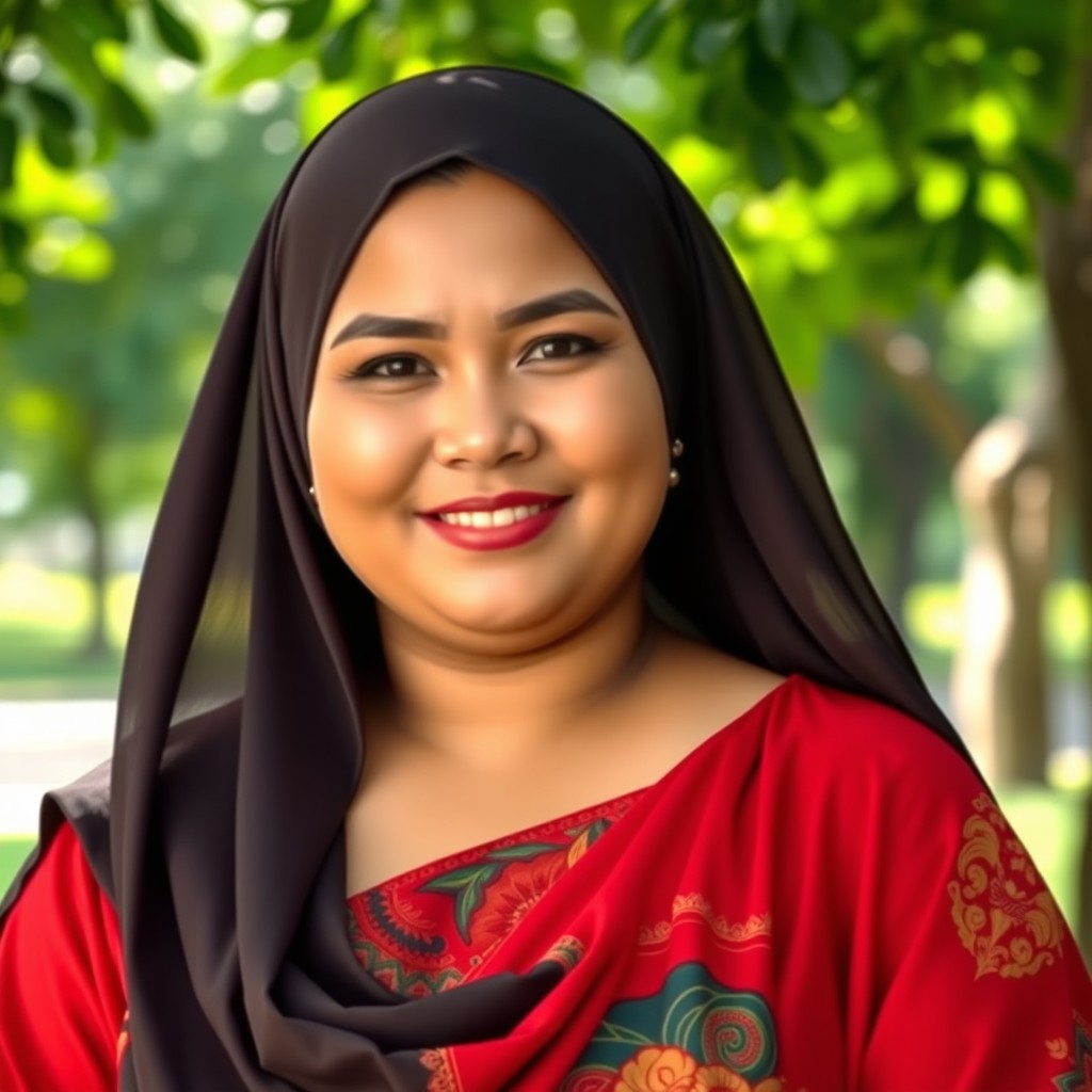 A portrait of a beautiful Indonesian woman, plus-sized, wearing an elegant hijab that cascades gracefully over her shoulders