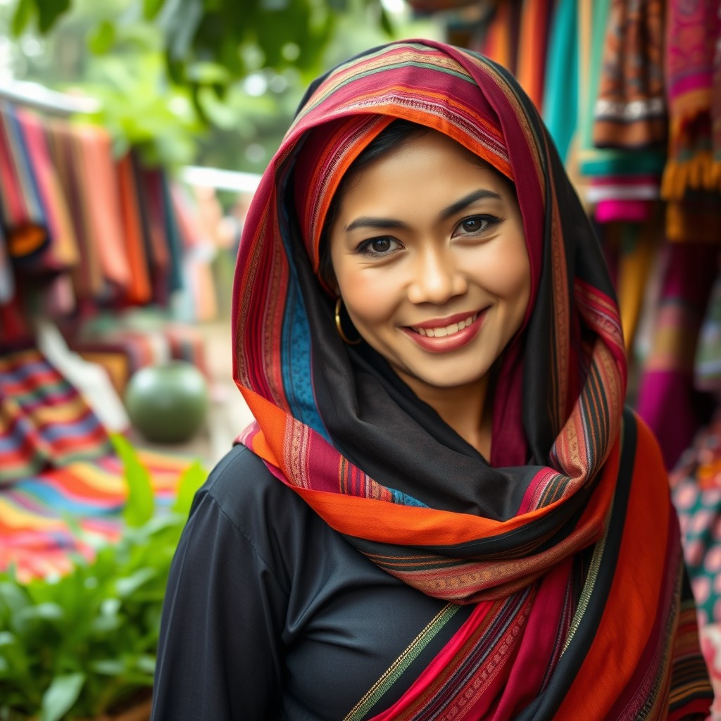 A stunning Indonesian woman wearing a colorful veil, showcasing her beautiful features