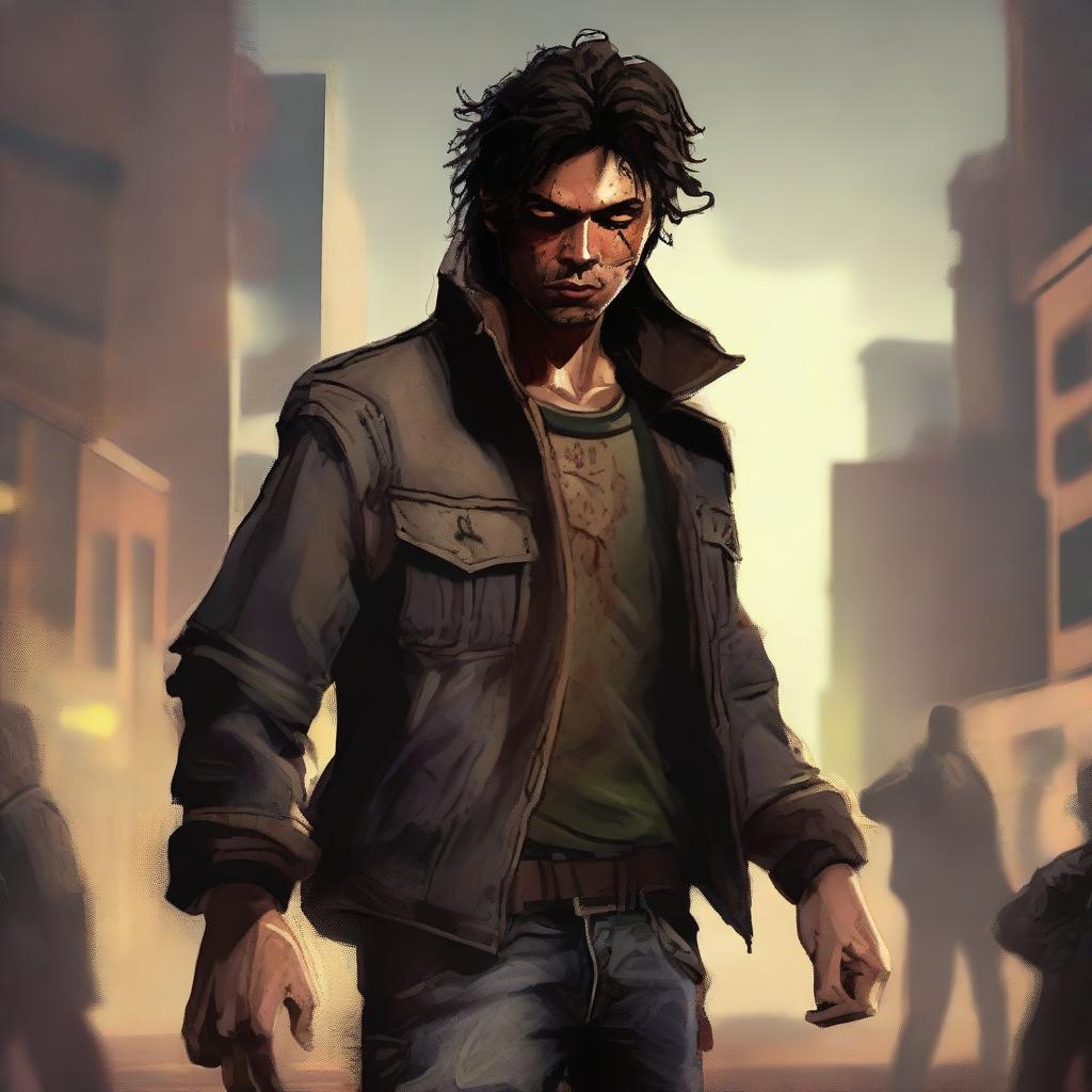 This is a dynamic, high-quality digital art rendition of Javier, now portrayed as a cool survivor in a zombie apocalypse