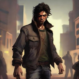 This is a dynamic, high-quality digital art rendition of Javier, now portrayed as a cool survivor in a zombie apocalypse