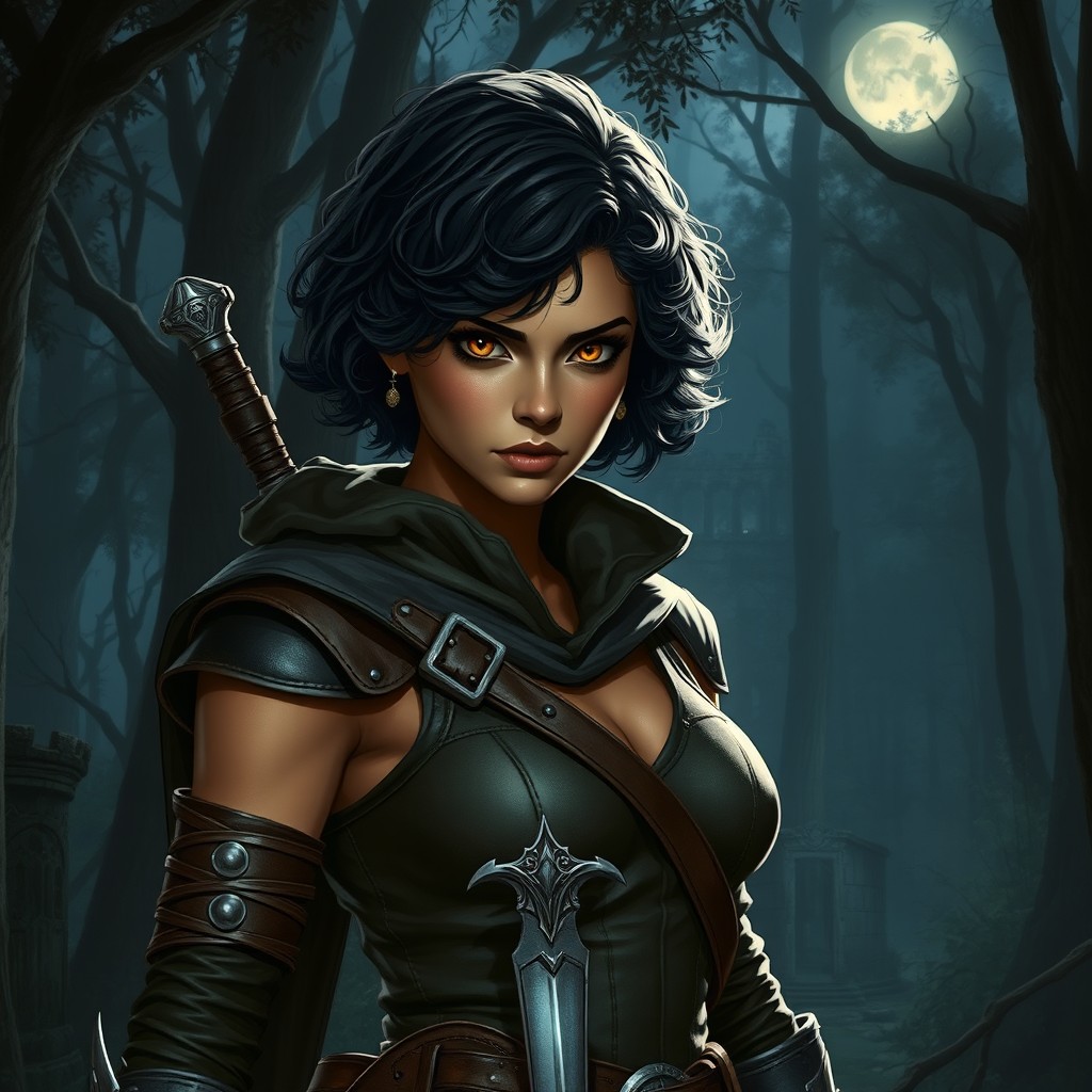 A female human rogue character standing in a mysterious forest at dusk