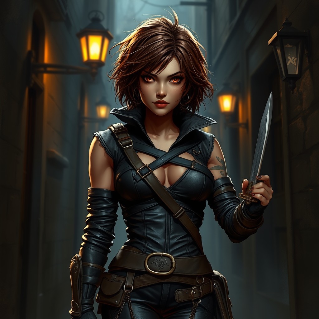 A female human rogue character poised in a shadowy alleyway, her brown short curly hair tousled and framing her sharp features