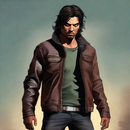 This is a dynamic, high-quality digital art rendition of Javier, now portrayed as a cool survivor in a zombie apocalypse