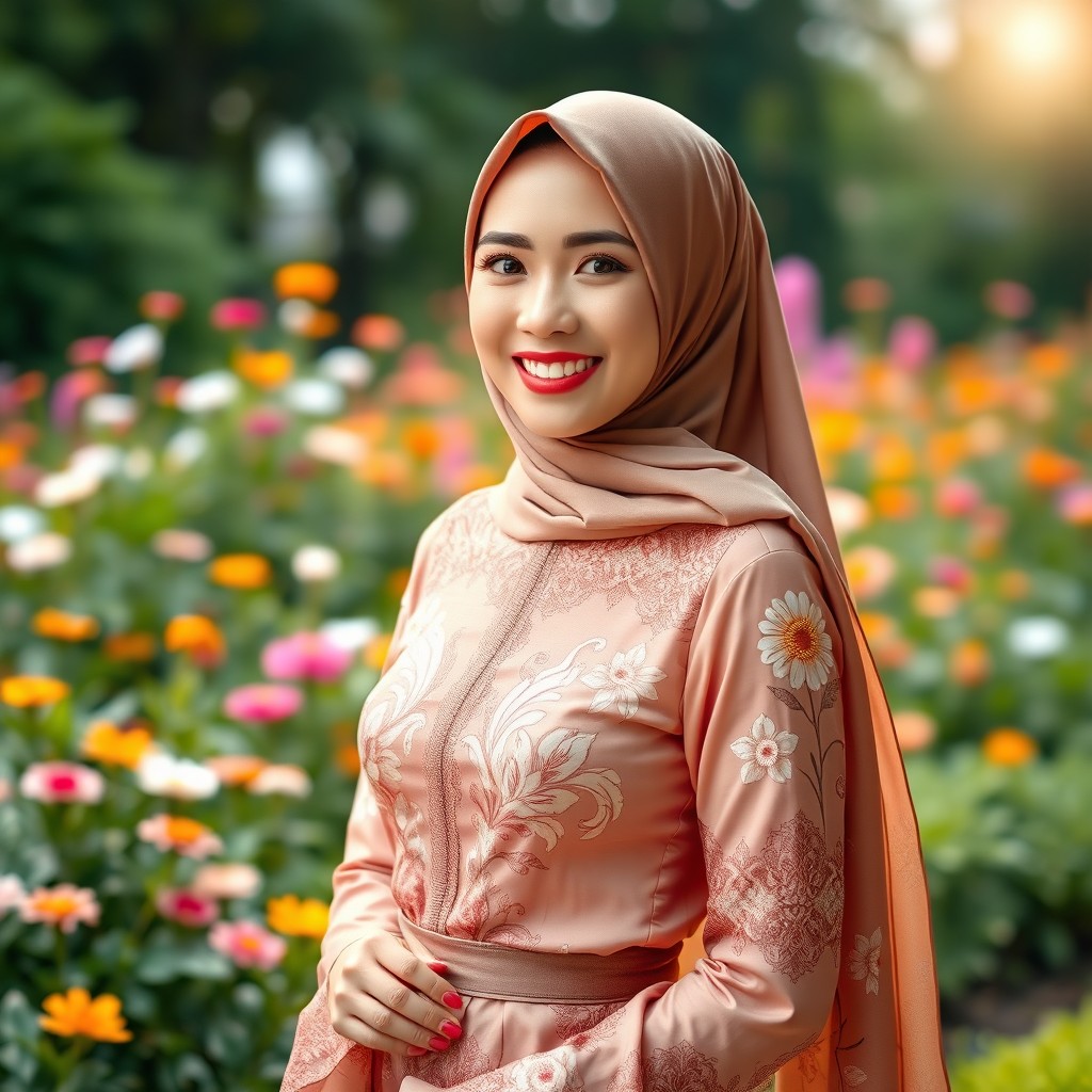 A beautiful woman wearing a traditional kebaya combined with a stylish hijab