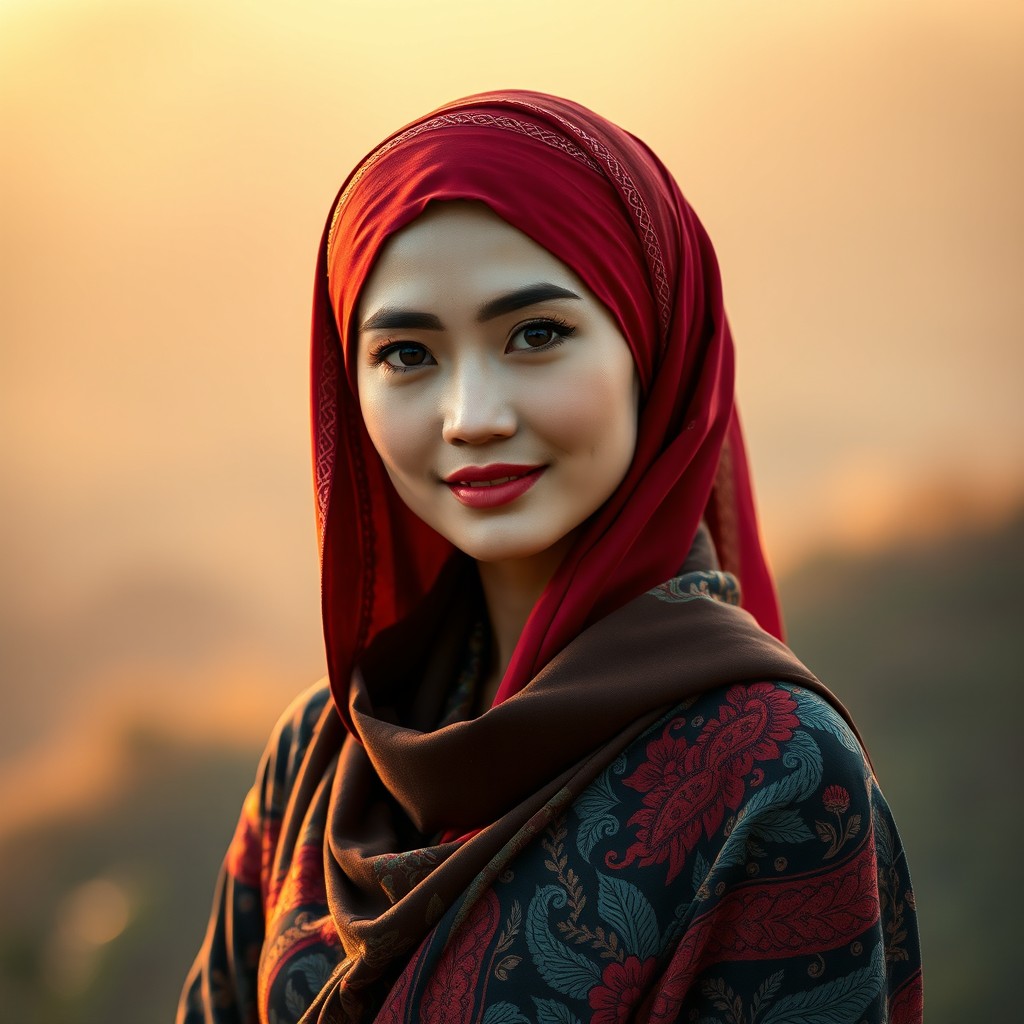 A beautiful woman wearing a striking red headscarf (红头巾) styled in an elegant manner, featuring intricate patterns and textures