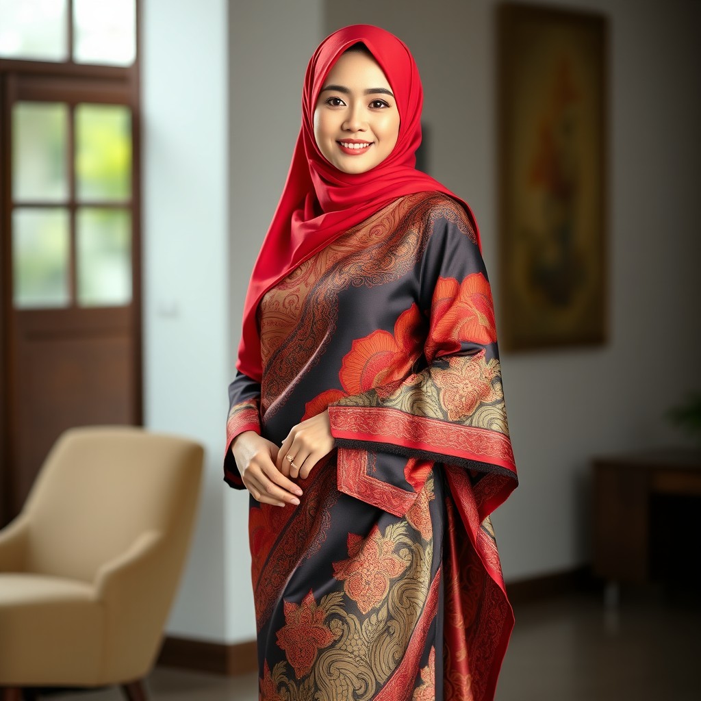 A beautiful woman wearing an elegant red headscarf (红头巾哥巴雅), with a full-body view that showcases her entire outfit