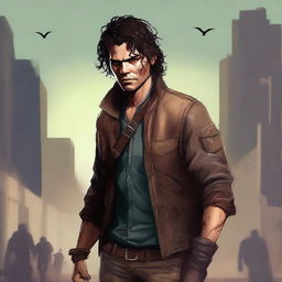 This is a dynamic, high-quality digital art rendition of Javier, now portrayed as a cool survivor in a zombie apocalypse