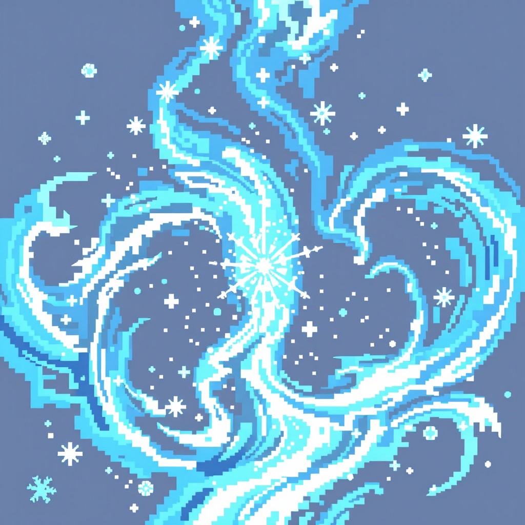 a vibrant and colorful pixel art representation of a frozen aura, featuring swirling patterns of icy blue and white energy with accents of frosty silver