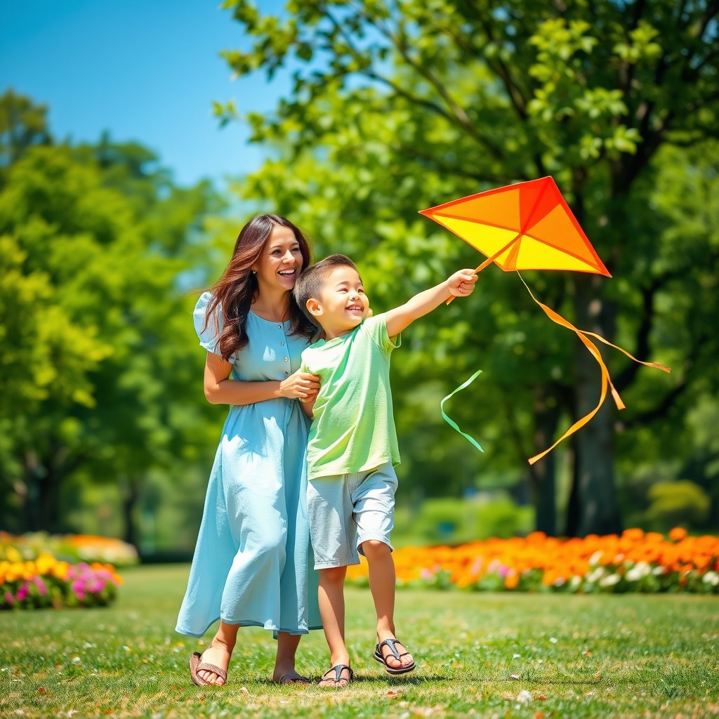 A heartfelt scene of a divorced mother and her young son enjoying a sunny afternoon in the park