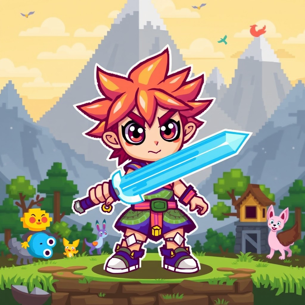 A vibrant and colorful pixel art sprite character, featuring a playful and adventurous design