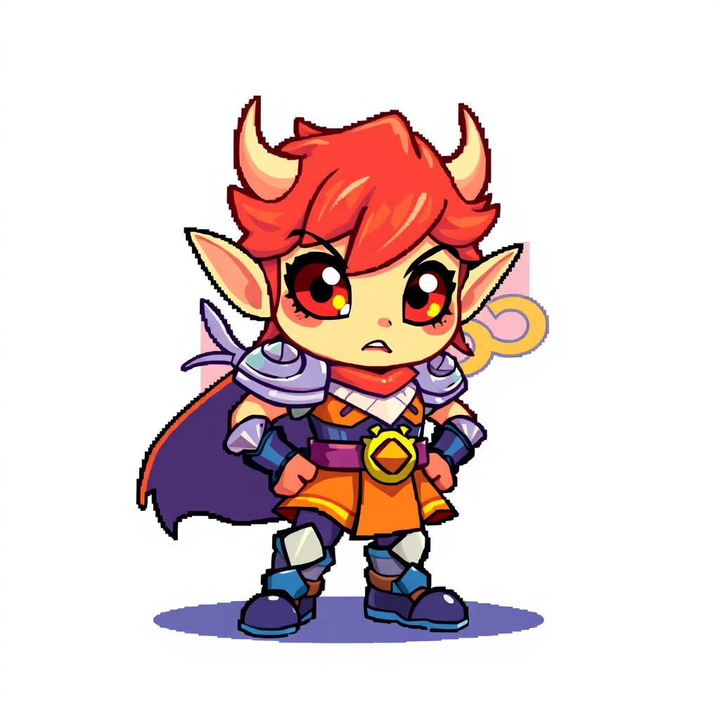 A colorful 2D pixel sprite character, standing in a dynamic pose, with bright, vibrant colors and a distinctive design that reflects a fantasy theme
