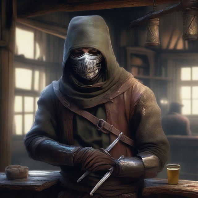 An expertly crafted digital art image depicts a poorly dressed bandit inside a rustic tavern