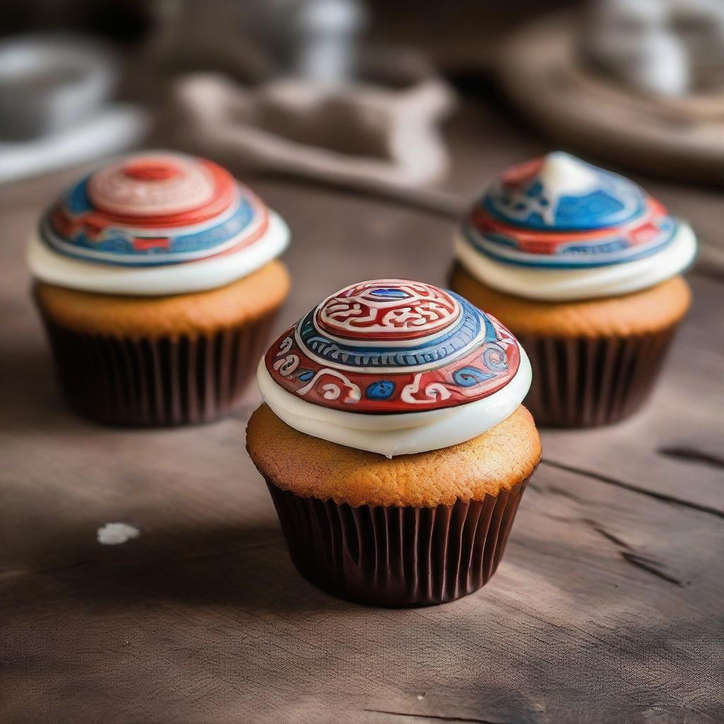 A cupcake decorated with Mongolian inspired designs and flavors, featuring traditional Mongolian patterns and ingredients, in a rustic setting.