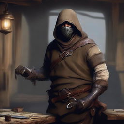 An expertly crafted digital art image depicts a poorly dressed bandit inside a rustic tavern