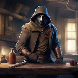 An expertly crafted digital art image depicts a poorly dressed bandit inside a rustic tavern