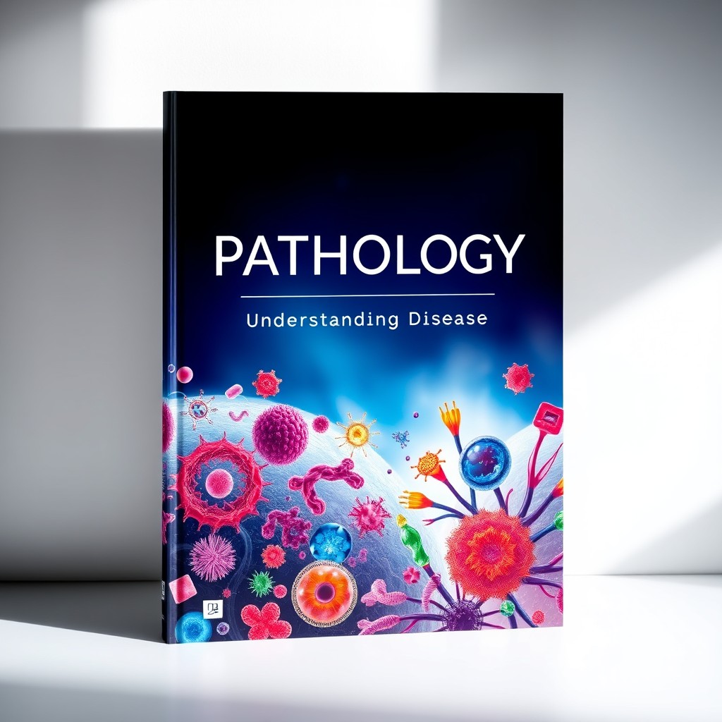 A striking and sophisticated textbook cover design for a Pathology textbook, featuring an abstract representation of cells and tissues at a microscopic level