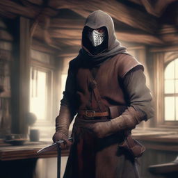 An expertly crafted digital art image depicts a poorly dressed bandit inside a rustic tavern