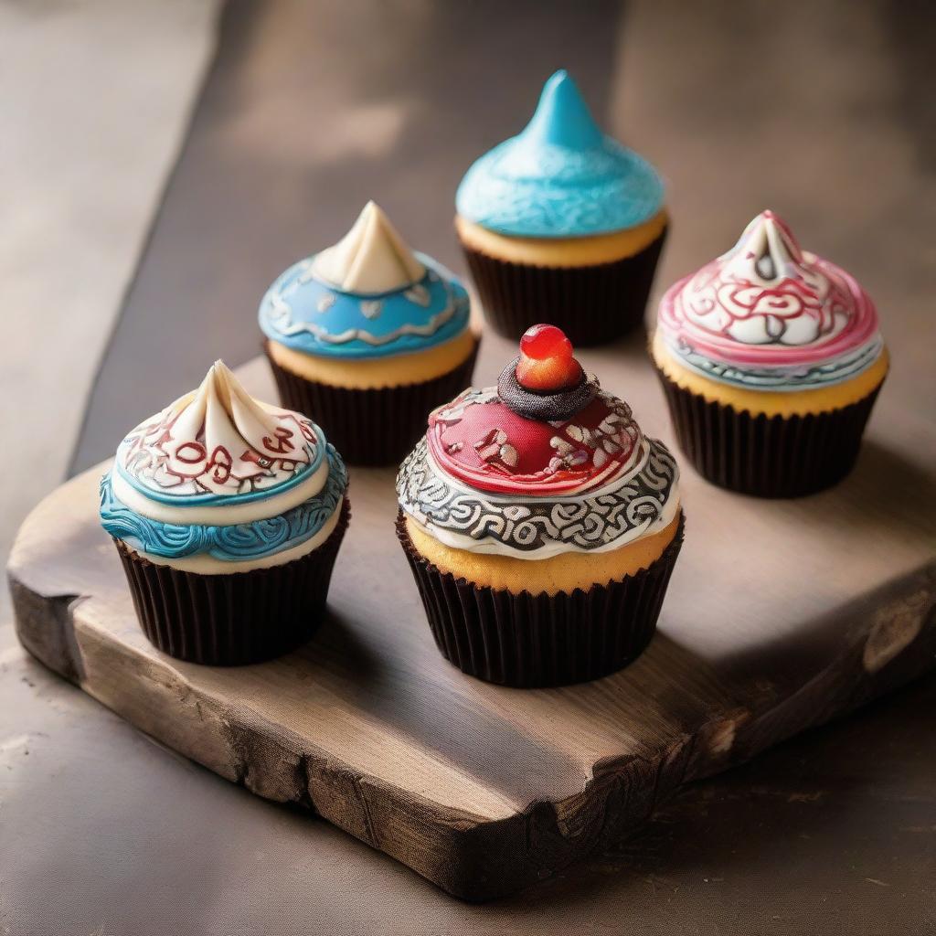 A cupcake decorated with Mongolian inspired designs and flavors, featuring traditional Mongolian patterns and ingredients, in a rustic setting.