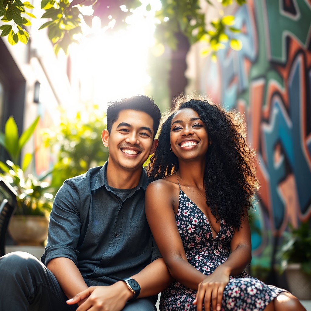 A portrait of a handsome Asian man and a beautiful Black woman sitting side by side, both smiling and enjoying each other's company in a vibrant urban setting