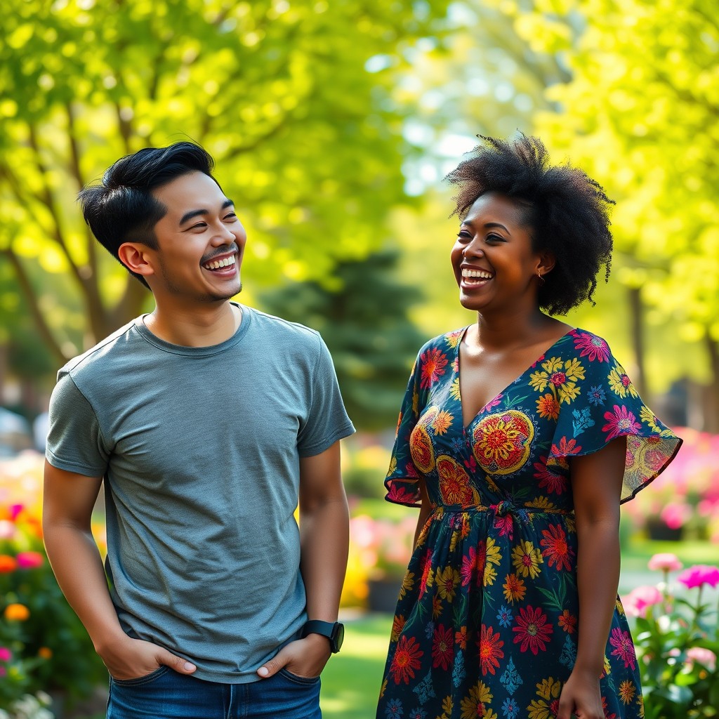 A joyful Asian man and a cheerful Black woman sharing a moment of laughter in a vibrant park