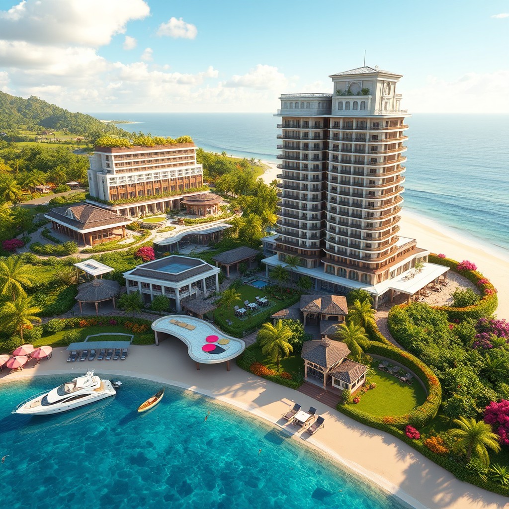 A stunning 3D render of a luxurious master site development located on a breathtaking 120-hectare beachfront shoreline in Zambales, Philippines