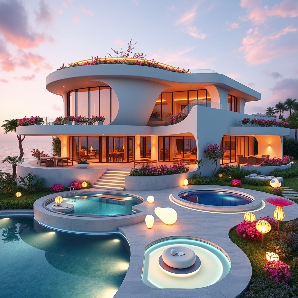 A highly detailed 3D render of a luxurious modern villa, showcasing an architectural design inspired by futuristic, free-flowing curves