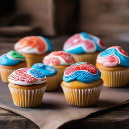 A cupcake decorated with Mongolian inspired designs and flavors, featuring traditional Mongolian patterns and ingredients, in a rustic setting.