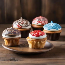 A cupcake decorated with Mongolian inspired designs and flavors, featuring traditional Mongolian patterns and ingredients, in a rustic setting.