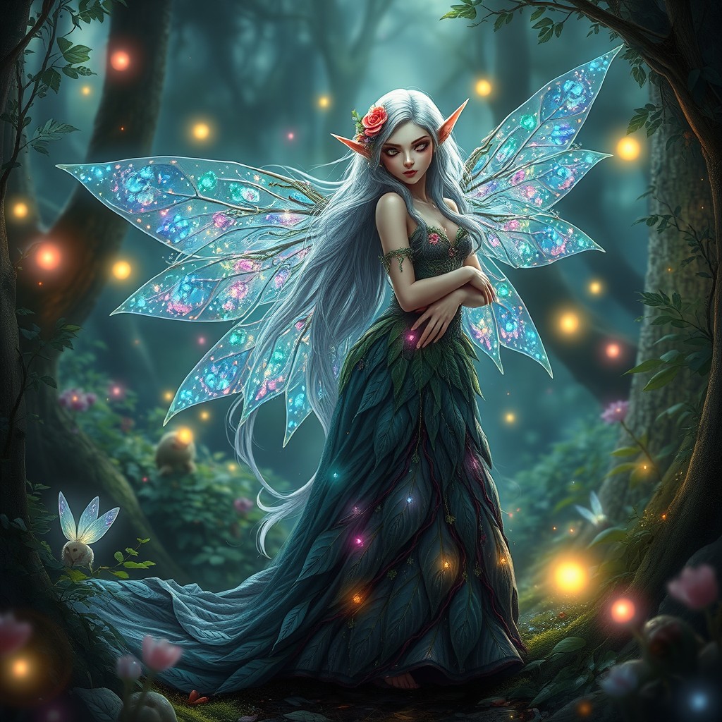 A mystical elf standing gracefully in an enchanted forest, with vibrant greenery and shimmering fairy lights illuminating the surroundings