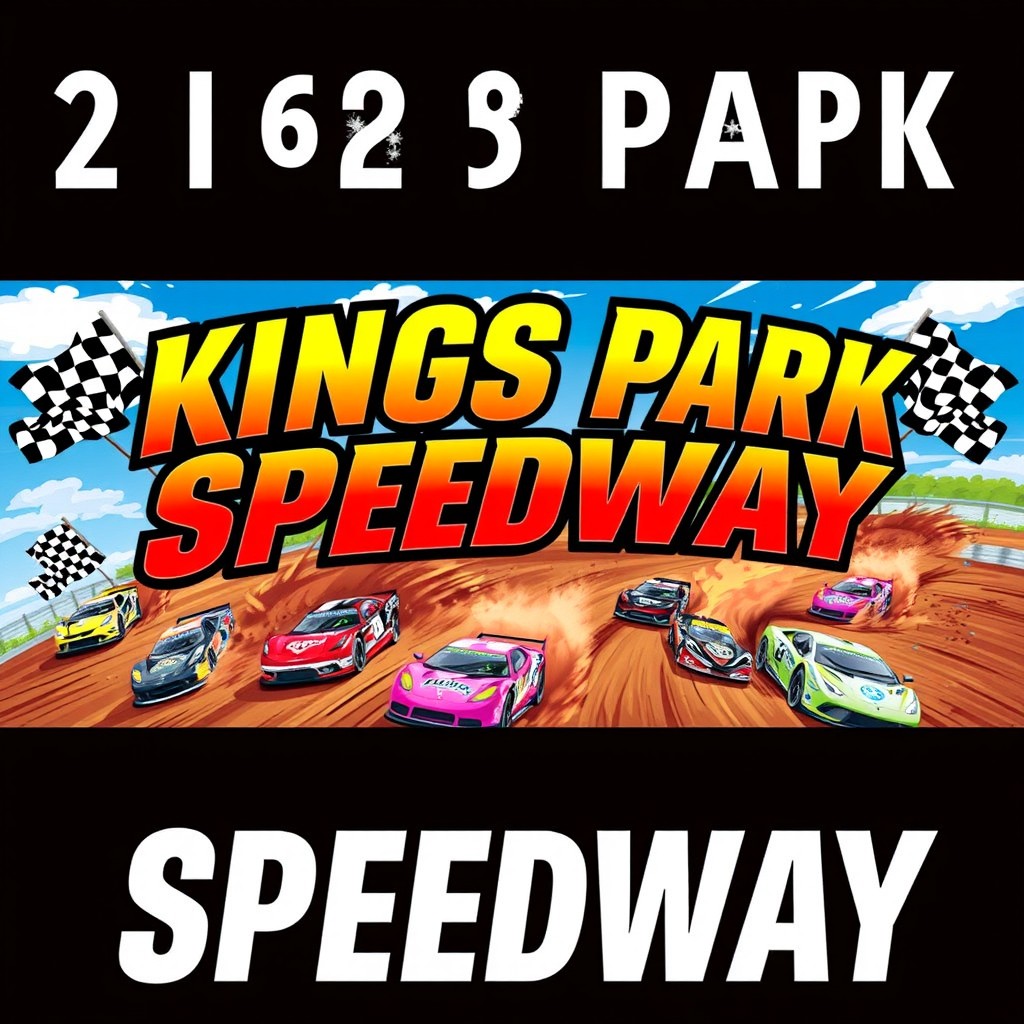 A vibrant and eye-catching design for a 2x6 banner promoting Kings Park Speedway