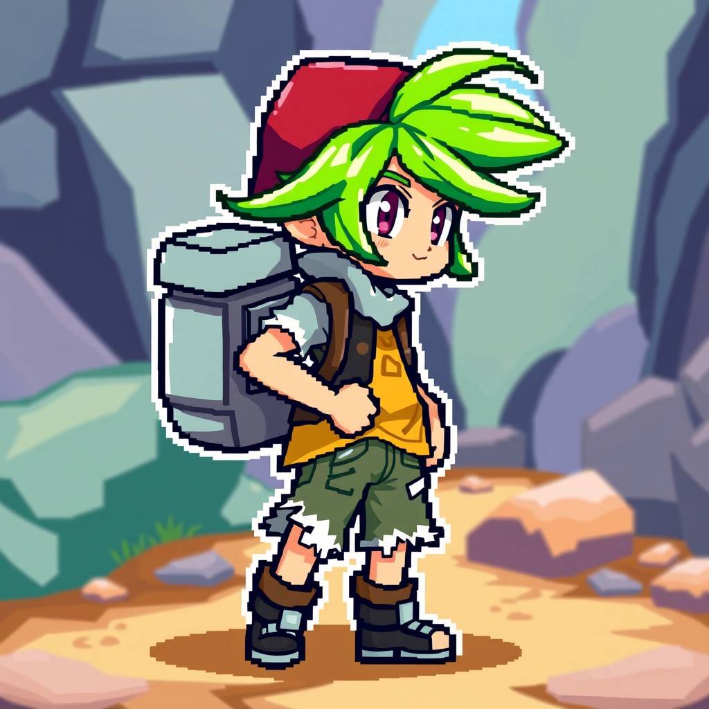 A vibrant 16x32 pixel sprite of a main character with bright colors